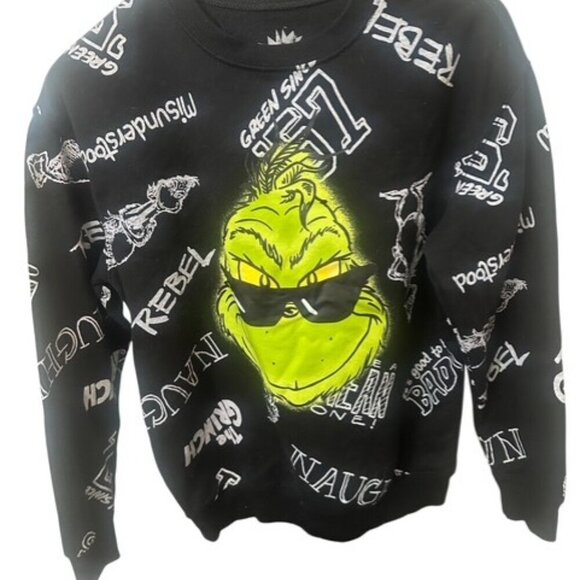 Dr. Seuss Grinch Women's Black Sweatshirt All Over Graphic Print Size Small EUC - Picture 2 of 5